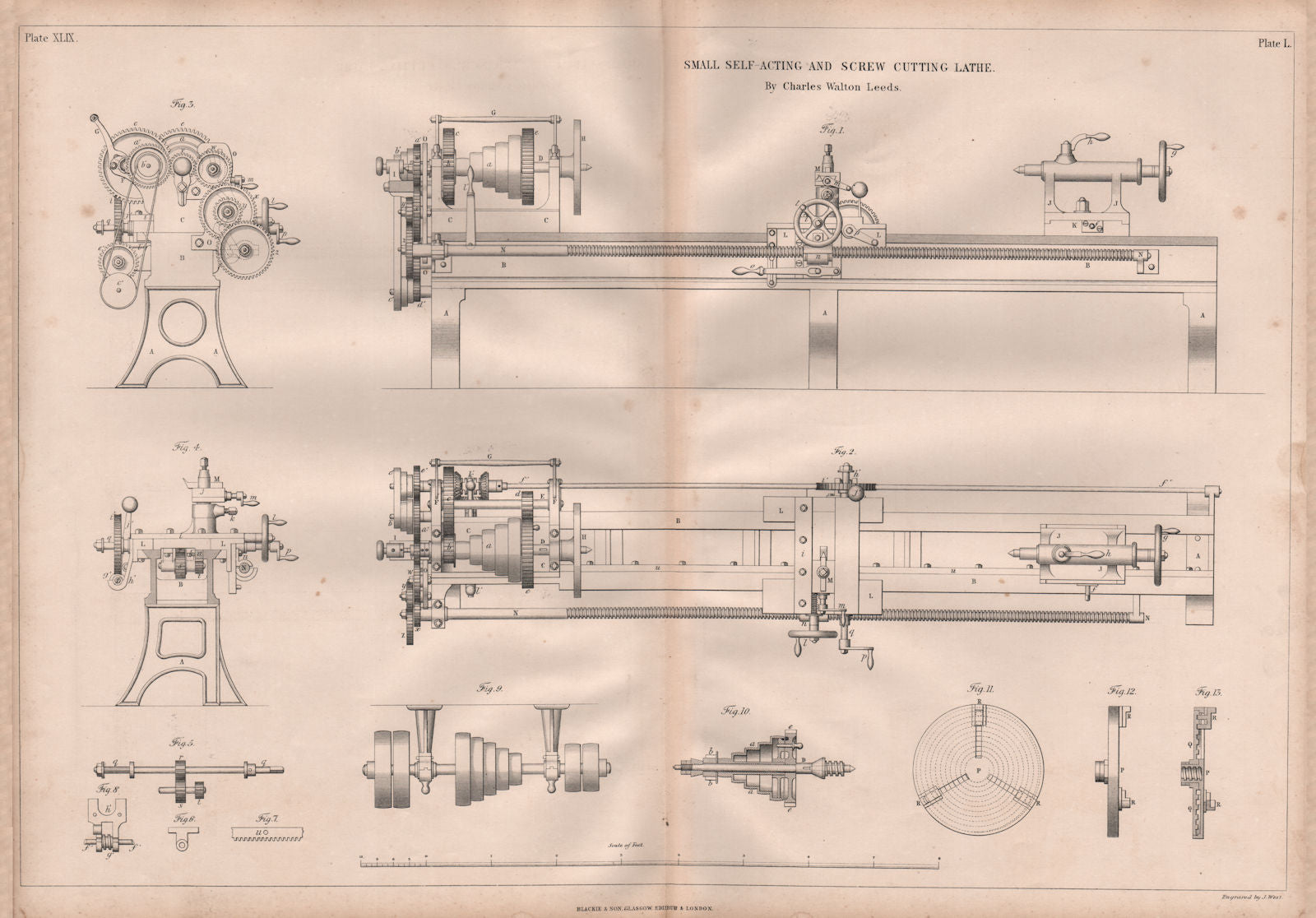 19C ENGINEERING DRAWING. Small self-acting & screw cutting lathe. Walton 1847